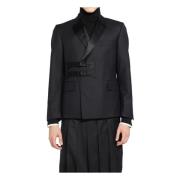 Zwart Satijn Dubbel-Breasted Combo Kraag Thom Browne , Black , Heren