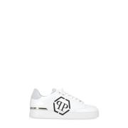 Witte Leren Sneakers Ronde Neus Logo Philipp Plein , White , Heren