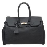 Zwarte Leren Satchel Handtas Luxe Stijl Estro , Black , Dames