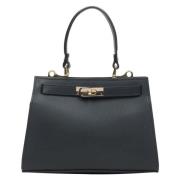 Luxe Zwarte Leren Satchel Handtas Estro , Black , Dames