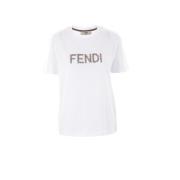 Wit Katoenen T-shirt met Paillet Logo Fendi , White , Dames