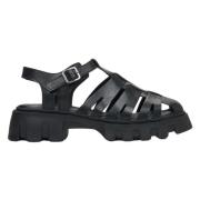 Zwarte Leren Plateau Sandalen met Bedekte Teenlijn Estro , Black , Dam...