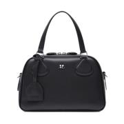 Zwarte leren handtas met metalen logo Courrèges , Black , Dames