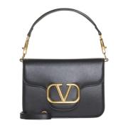 Zwarte leren schoudertas met VLogo Valentino Garavani , Black , Dames