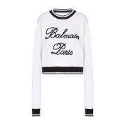 Gebreide Crew Neck Sweater Geborduurd Logo Balmain , White , Dames