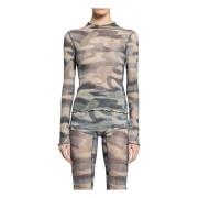 Donkere Camo Mesh Gerimpelde Boothals Top Knwls , Multicolor , Dames