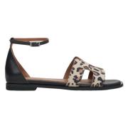 Dames Zwarte Leren Sandalen met Luipaardprint Estro , Multicolor , Dam...