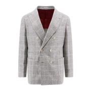 Prince of Wales Check Zijden Blazer Brunello Cucinelli , Gray , Heren