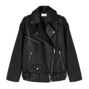 Oversized Bikerjack met leder-look Motivi , Black , Dames