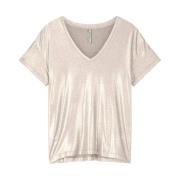 Metallic Coated Jersey V-Neck Top Summum Woman , Beige , Dames