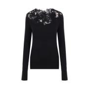 Zwarte Bloemenkant Merinowol Trui Ermanno Scervino , Black , Dames