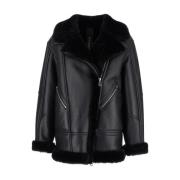 Shearling Trim Leren Jas Front Zip Blancha , Black , Dames