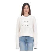 Crème Kabel Gebreide Crew-Neck Sweater Tommy Jeans , White , Dames