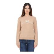 Beige Crew-Neck Sweater met Logo Elisabetta Franchi , Beige , Dames