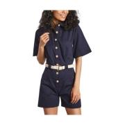 Navy Blue Gabardine Combishort Jumpsuit La Petite Française , Blue , D...