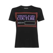 Katoenen T-shirt met Logo Print Versace Jeans Couture , Black , Dames