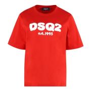 Gedrukt Katoenen T-shirt Geribbelde Randen Dsquared2 , Red , Dames