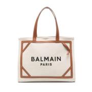 Bruin Leren Tote Tas met Logo Balmain , Brown , Dames