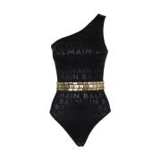 Badpak met logo print en taille riem Balmain , Black , Dames