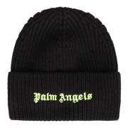 Gebreide wollen muts met logo Palm Angels , Black , Dames