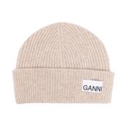 Gebreide Logo Patch Beanie Hoed Ganni , Beige , Dames