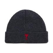 Heater Grey Red Beanie Ami Paris , Gray , Heren