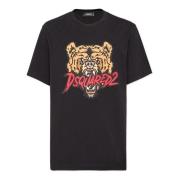 Zwarte Katoenen Jersey T-Shirt met Bedrukt Patroon Dsquared2 , Black ,...