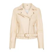 Biker Jacket Skind Ivory Light Gold Notyz , Beige , Dames