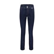 Donkerblauwe Chino Stijl Denim Broek Red Button , Blue , Dames