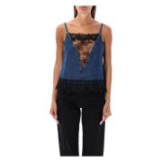 Denim Kant Top Diep Blauw Off White , Blue , Dames