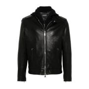 Zwarte Leren Hoodie Jas Gehamerd Textuur Dondup , Black , Heren