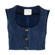 Blauwe Denim Mouwloze Top Forte Forte , Blue , Dames