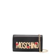 Zwarte Leren Clutch met Ketting Moschino , Black , Dames