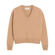 Kameel Logo V-Hals Trui Ami Paris , Beige , Dames