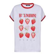 Tweekleurig T-shirt met Aardbeienprint Balmain , White , Dames