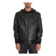 Leren Harrington Jack met Capuchon Boss , Black , Heren