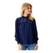 Navy Pofmouw Smock Blouse IN Front , Blue , Dames