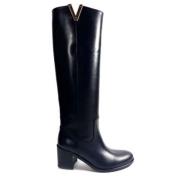 Zwarte leren laars met gouden V-detail Via Roma 15 , Black , Dames