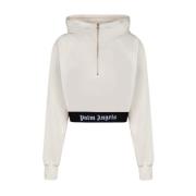 Beige Cropped Hoodie met Elastische Tailleband Palm Angels , White , H...