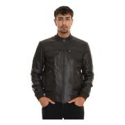 Leren Harrington Jack met Gebreide Details Peuterey , Brown , Heren