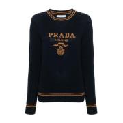 Intarsia-Knit Logo Stripe Sweater Prada , Beige , Dames