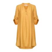 Elegante Jurk met V-Hals en 3/4 Mouwen Cream , Yellow , Dames