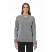 Trendy Lange Mouw V-Hals Trui Baldinini , Gray , Dames