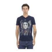 Korte Mouw V-hals T-shirt - Frontprint Trussardi , Blue , Heren