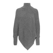 Turtleneck Poncho Strik Asphalt Melange Cream , Gray , Dames