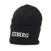 Heren Wollen Muts Zwart Logo Iceberg , Black , Heren