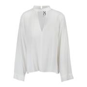 Crepe Blouse met V-hals en knoop 8PM , Beige , Dames