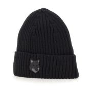 Zwarte wollen pet met vossenlogo Maison Kitsuné , Black , Heren