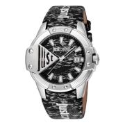 Stijlvol Unisex Leren Band Horloge Just Cavalli , Black , Heren