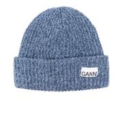 Blauwe Geribbelde Wol Logo Hoed Ganni , Blue , Dames